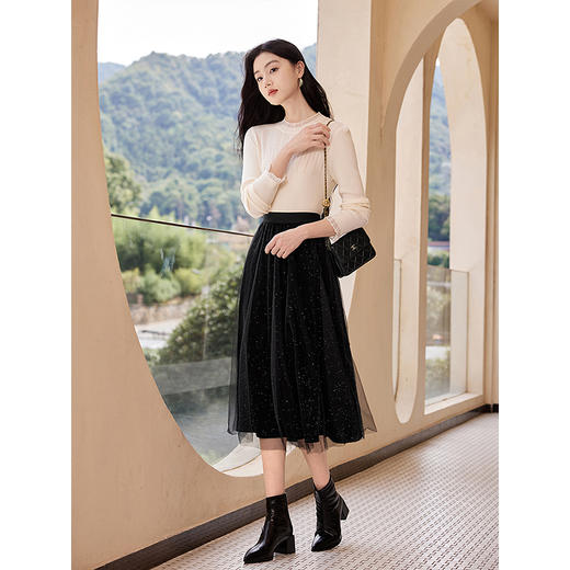 【年终特卖】熙世界黑色网纱拼接丝绒半身裙女秋冬2025新款中长款A字裙纱裙 商品图4