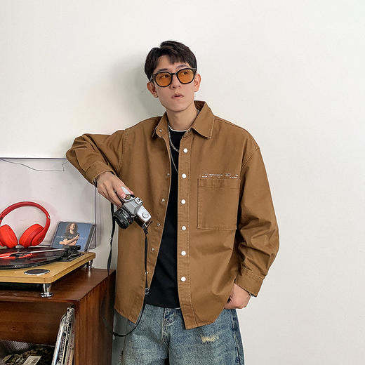 徐太浪拼接口袋长袖衬衫男春秋潮牌男装休闲日系纯色透气衬衣外套 商品图0