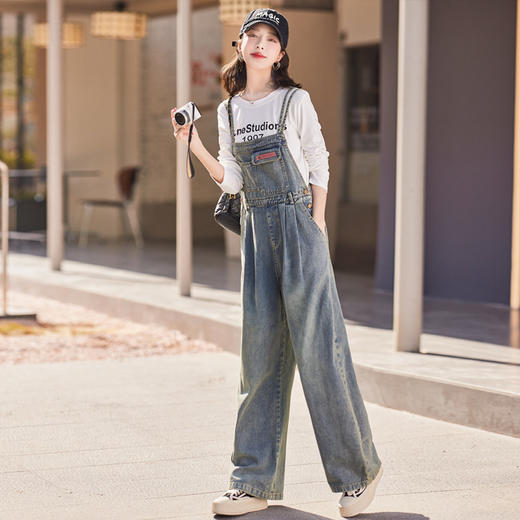 复古牛仔背带裤，宽松显瘦减龄阔腿裤子套装两件套HR-HSYL902 商品图1
