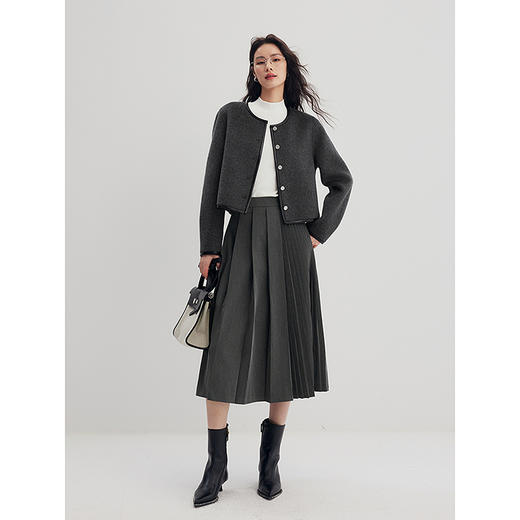 棉仓356617002-宽窄褶A字半身裙女不对称设计24秋新品格雷系高腰显瘦半裙 商品图3