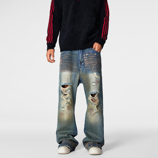【Achock官方店】复古做旧破洞直筒牛仔裤男新款美式高街vibe裤子 商品图0