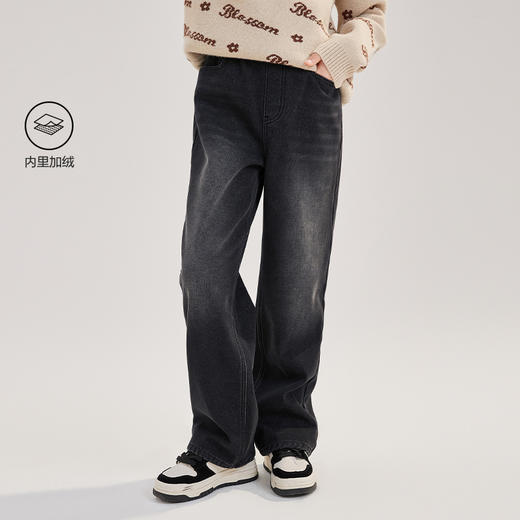 笛莎Deesha青少年女童加绒牛仔裤2024冬季新款淑女学院风直筒牛仔裤 商品图0