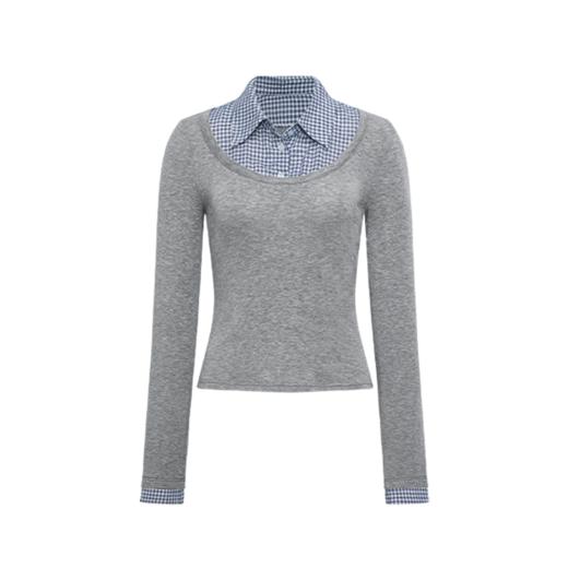 NUTH花灰色假两件拼接修身针织长袖上衣女 商品图7