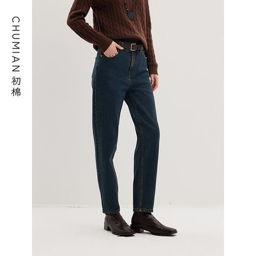 棉仓356619010-大理石纹marble盐缩棉感斜纹复古陨石灰蓝牛仔裤九分牛仔裤 商品图0