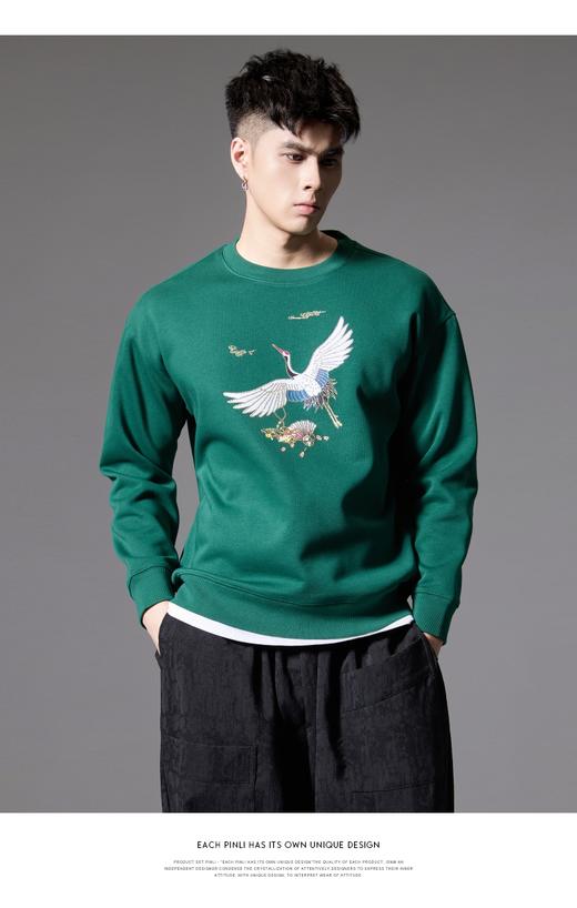 PINLI品立秋季新款仙鹤祥云烫钻卫衣男国潮休闲宽松圆领上衣BG243109006 商品图7