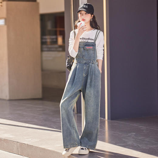 复古牛仔背带裤，宽松显瘦减龄阔腿裤子套装两件套HR-HSYL902 商品图0