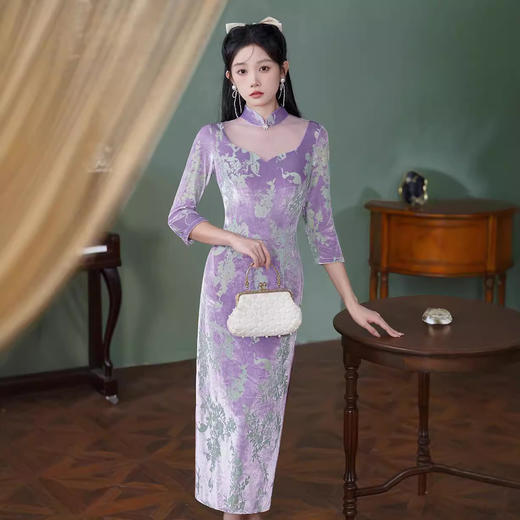 秋款改良修身长款年轻款日常紫色旗袍XL1103 商品图2