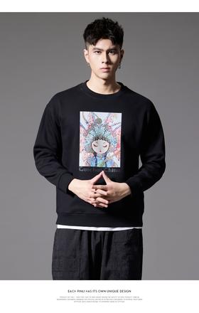 PINLI品立2024秋季新款国潮京剧烫钻卫衣男印花宽松休闲圆领上衣BG243109003