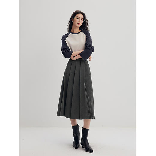 棉仓356617002-宽窄褶A字半身裙女不对称设计24秋新品格雷系高腰显瘦半裙 商品图2