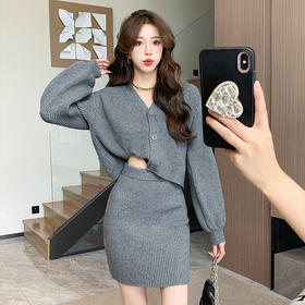 秋冬【韩版V领针织开衫两件套装】短款毛衣高腰包臀半身短裙 毛衫两件套装女潮
