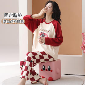 可人儿春秋季纯棉睡衣女士休闲圆领长袖带胸垫少女学生家居服套装