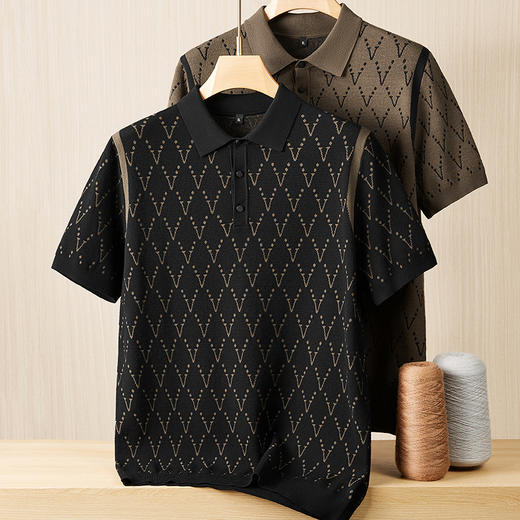 【新款DPF】大依优型翻领毛衣针织短袖背心休闲针织衫毛背心满印字母加肥加大上衣男士胖子大码毛衫t恤打底 商品图0