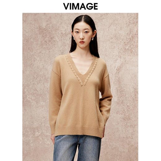 VIMAGE纬漫纪冬季新款V领慵懒风温柔宽松时尚显瘦针织衫V2201803 商品图0