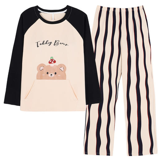 可人儿春秋季纯棉睡衣女士休闲圆领长袖带胸垫少女学生家居服套装 商品图4