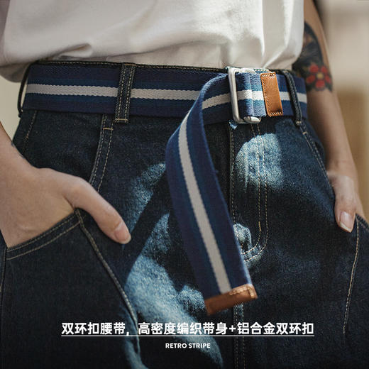 马登蓝白拼色双环扣编织腰带学院风免打孔帆布松紧皮带四季配饰女 商品图1