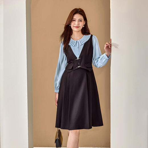 【清仓99】8/1奢姿大码女装2024秋季青果领叠穿裙子胖妹妹假两件时尚拼接连衣裙9943890213 商品图0