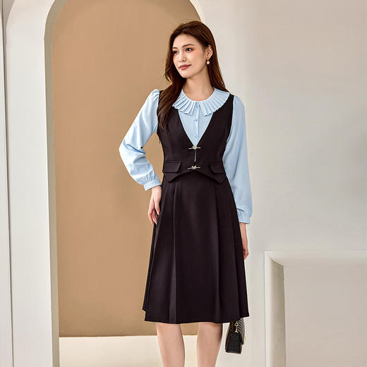 【清仓99】8/1奢姿大码女装2024秋季青果领叠穿裙子胖妹妹假两件时尚拼接连衣裙9943890213 商品图3