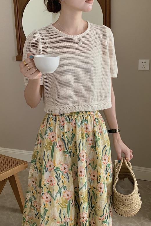 SUMMER & SAGE 杏色镂空流苏上衣花朵半裙套装 18587 商品图5