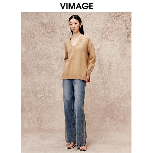 VIMAGE纬漫纪冬季新款V领慵懒风温柔宽松时尚显瘦针织衫V2201803 商品图1