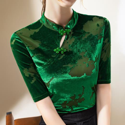 新中式中袖t恤盘扣丝绒洋气小衫XY-T3Q0653-CS 商品图0