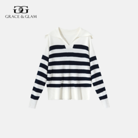 Grace&Glam 羊毛条纹POLO领海军风V领上衣