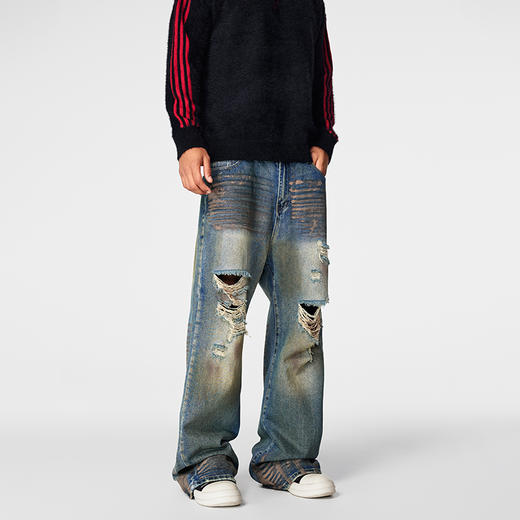 【Achock官方店】复古做旧破洞直筒牛仔裤男新款美式高街vibe裤子 商品图1