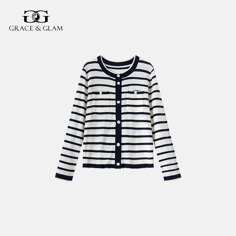 Grace&Glam 松弛感条纹羊毛圆领开衫