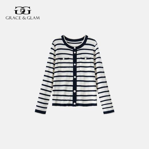 Grace&Glam 松弛感条纹羊毛圆领开衫 商品图0