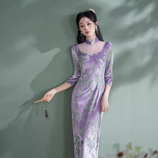 秋款改良修身长款年轻款日常紫色旗袍XL1103 商品图0