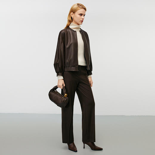 EITIE爱特爱冬季新款廓形复古圆领显瘦百搭纯色皮衣外套8093713 商品图1