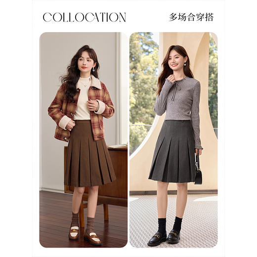 【年终特卖】熙世界棕色毛呢百褶半身裙秋冬2025新款美式复古学院风a字半裙 商品图4