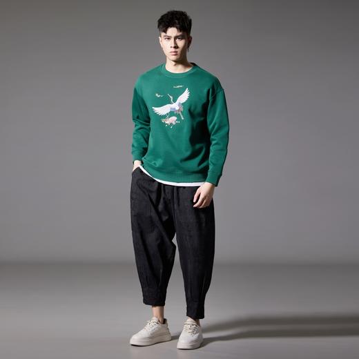 PINLI品立秋季新款仙鹤祥云烫钻卫衣男国潮休闲宽松圆领上衣BG243109006 商品图1