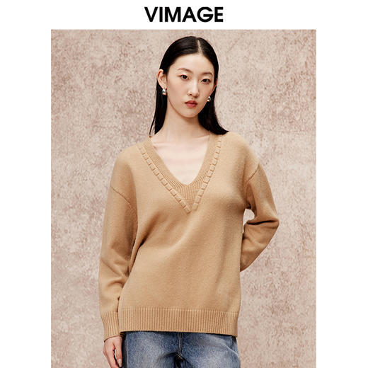 VIMAGE纬漫纪冬季新款V领慵懒风温柔宽松时尚显瘦针织衫V2201803 商品图3
