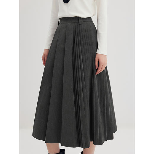 棉仓356617002-宽窄褶A字半身裙女不对称设计24秋新品格雷系高腰显瘦半裙 商品图0