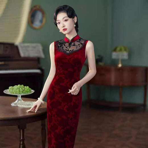 秋款改良老上海旗袍，日常民国风修身无袖红色气质XL1105 商品图2