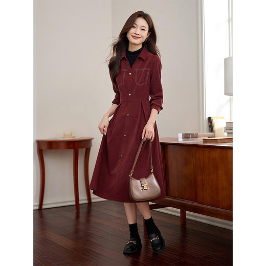 【1件76折】熙世界假两件磨绒红色连衣裙秋冬2025新款日常通勤磨毛衬衫裙子 商品图1