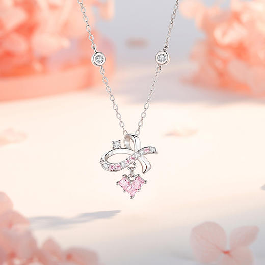 卡蒂罗/KADER 灵动结系列 爱心少女情节项链 甜美粉锆爱心蝴蝶结设计锁骨链 在逃公主可爱灵动吸睛闪耀 925银 闺蜜款 商品图1