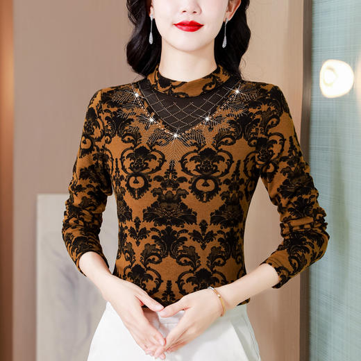 SMZ30647 2024秋季新款半高领印花打底衫名媛风气质妈妈修身百搭长袖T恤女 商品图0