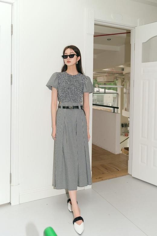 ANSUABEL 个性镂空格纹泡泡袖衣裙（不含腰带） 18589 商品图3