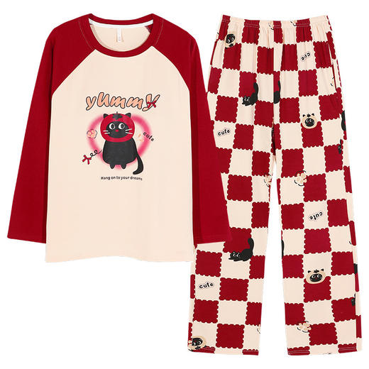 可人儿春秋季纯棉睡衣女士休闲圆领长袖带胸垫少女学生家居服套装 商品图4