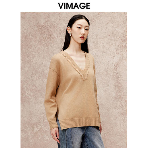 VIMAGE纬漫纪冬季新款V领慵懒风温柔宽松时尚显瘦针织衫V2201803 商品图4