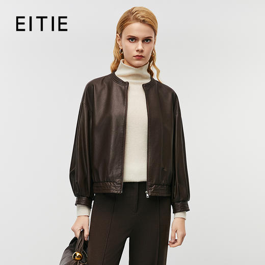 EITIE爱特爱冬季新款廓形复古圆领显瘦百搭纯色皮衣外套8093713 商品图0