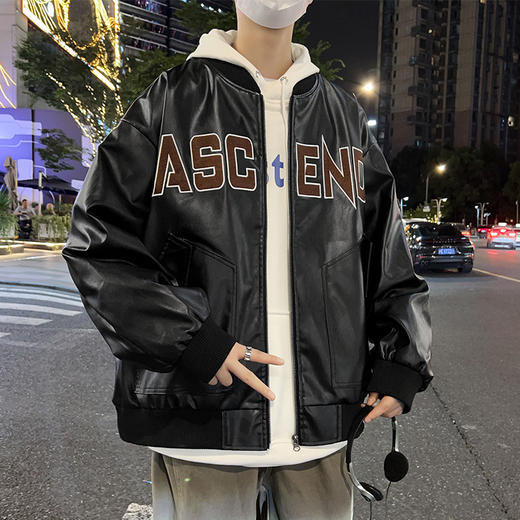 【新款DSL】大依优型大码棒球领夹克PU皮夹克加肥加大休闲胖子宽松外套上衣男装潮流 商品图0