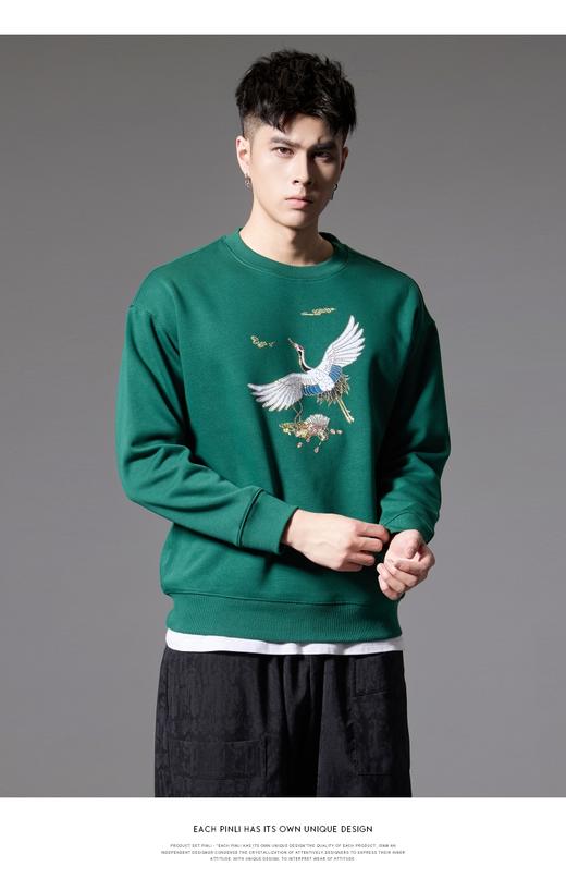 PINLI品立秋季新款仙鹤祥云烫钻卫衣男国潮休闲宽松圆领上衣BG243109006 商品图8