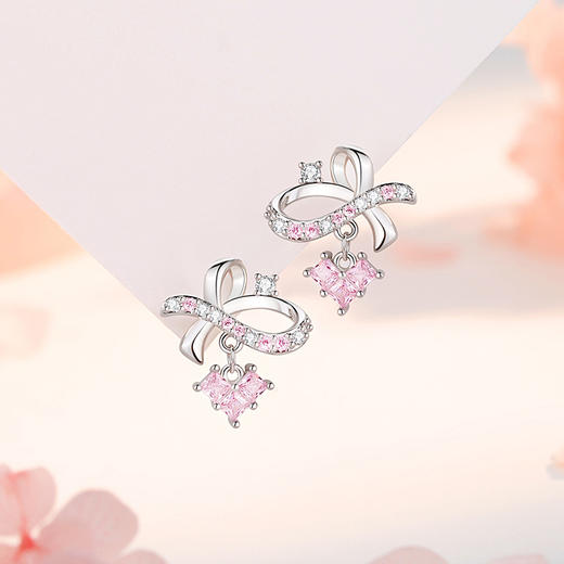 卡蒂罗/KADER 灵动结系列 爱心少女情节耳钉 甜美粉锆爱心蝴蝶结设计耳饰 在逃公主可爱灵动吸睛闪耀 925银 闺蜜款 商品图1