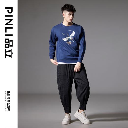 PINLI品立秋季新款仙鹤祥云烫钻卫衣男国潮休闲宽松圆领上衣BG243109006 商品图2