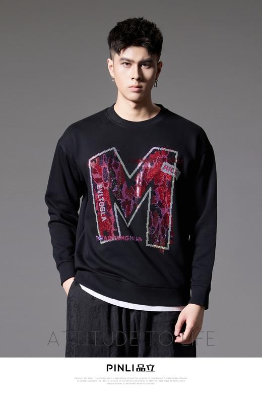 PINLI品立2024秋季新款男士字母烫钻套头卫衣百搭休闲宽松上衣潮BG243109014 商品图0
