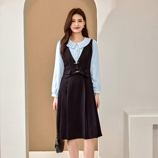 【清仓99】8/1奢姿大码女装2024秋季青果领叠穿裙子胖妹妹假两件时尚拼接连衣裙9943890213 商品图1