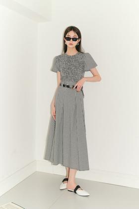 ANSUABEL 个性镂空格纹泡泡袖衣裙（不含腰带） 18589