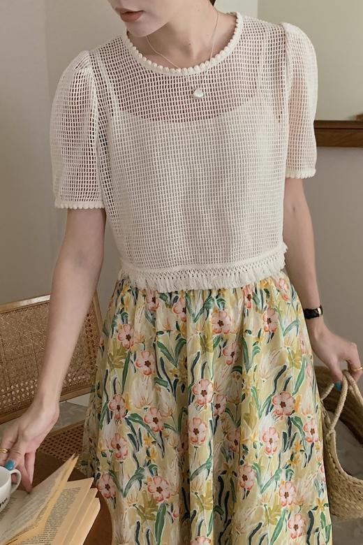 SUMMER & SAGE 杏色镂空流苏上衣花朵半裙套装 18587 商品图4